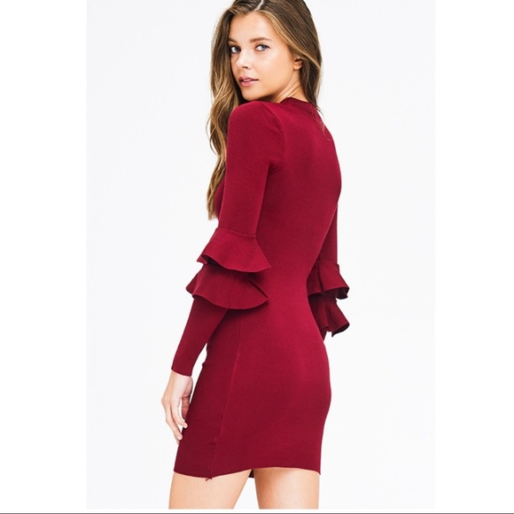 LAST 2! Red Ruffle Sleeve Knit Bodycon Dress - Picture 2 of 8